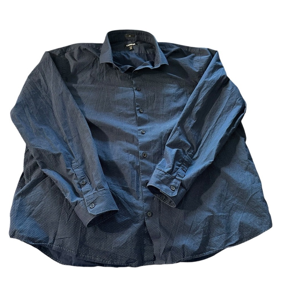 Express men's XXL slim blue long sleeve button down with white polka dots